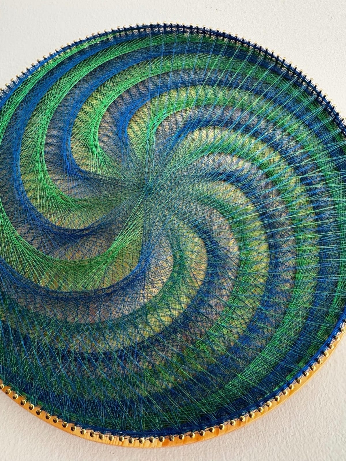 Blue Green Spiral String Art Mandala – Handmade Geometric Wall Art, Coastal Meditation Decor, detail view 3 — handmade string art by Asja