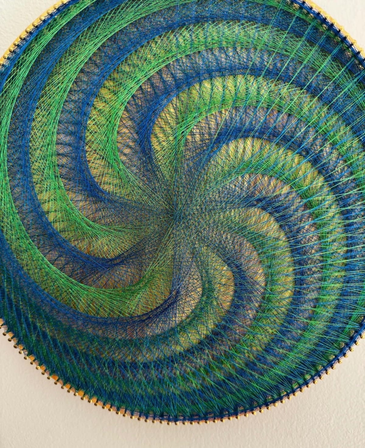 Blue Green Spiral String Art Mandala – Handmade Geometric Wall Art, Coastal Meditation Decor, detail view 5 — handmade string art by Asja