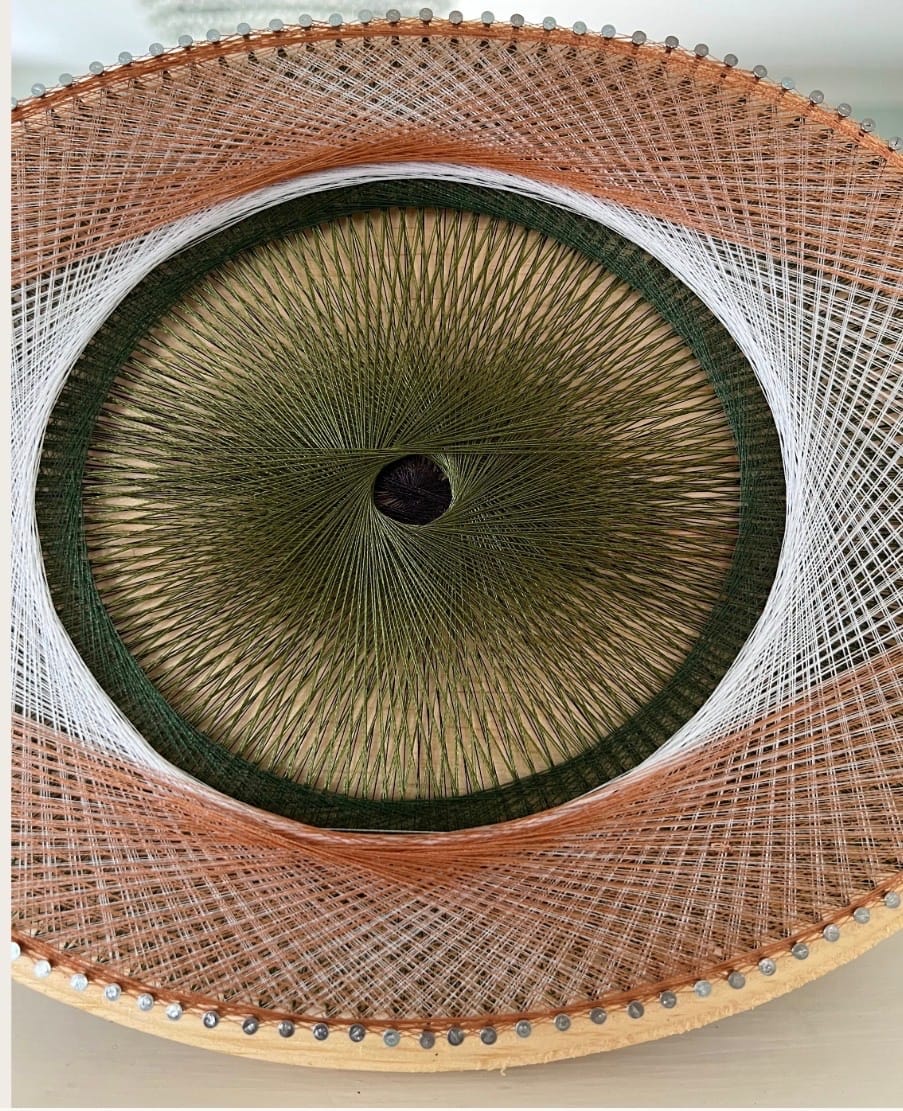 Earthy Evil Eye String Art on Live-Edge Wood – Handmade Neutral Protection Wall Decor, detail view 3 — handmade string art by Asja