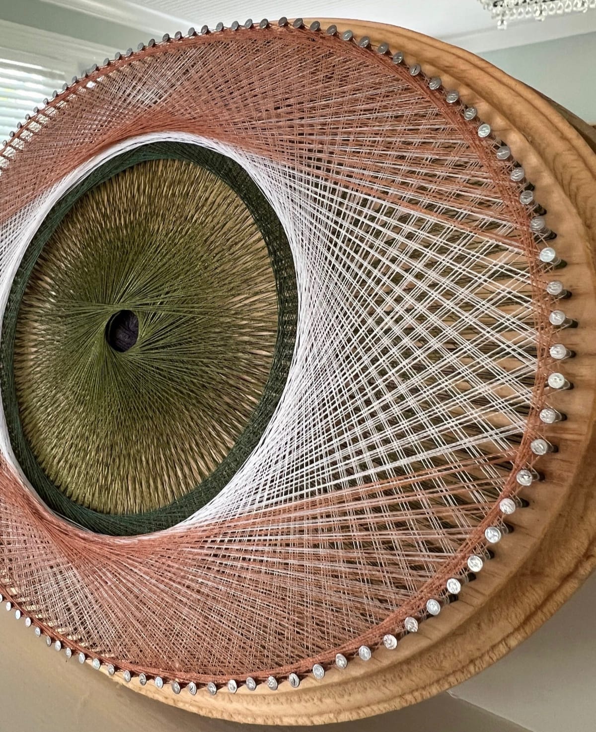 Earthy Evil Eye String Art on Live-Edge Wood – Handmade Neutral Protection Wall Decor, detail view 4 — handmade string art by Asja