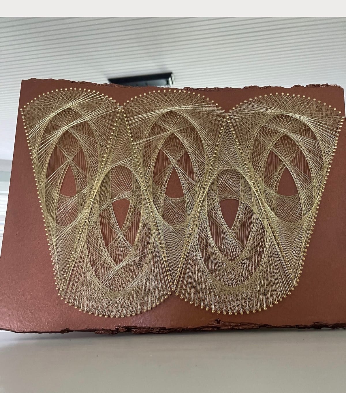 Golden Arches String Art on Terracotta Wood – Handmade Earthy Geometric Wall Decor, detail view 3 — handmade string art by Asja