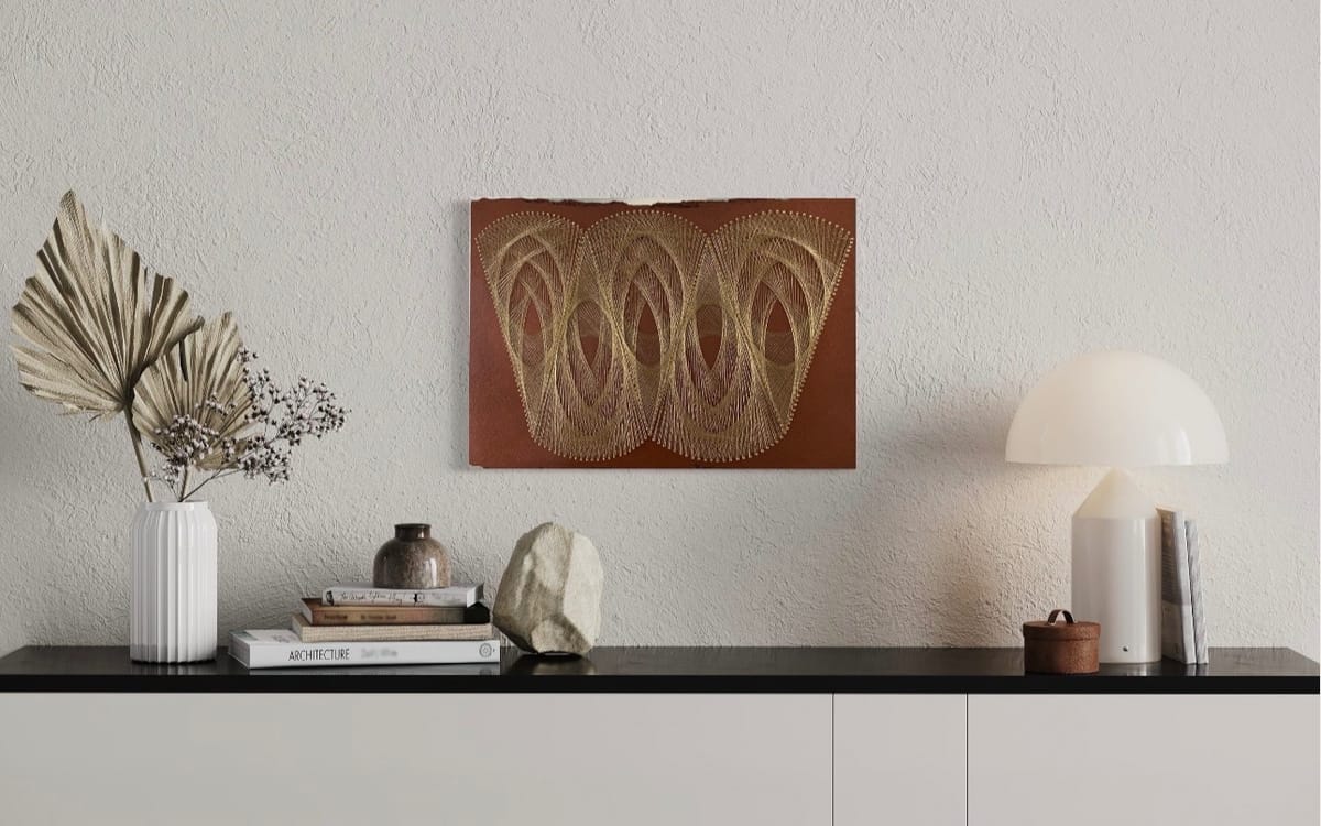 Golden Arches String Art on Terracotta Wood – Handmade Earthy Geometric Wall Decor, detail view 2 — handmade string art by Asja