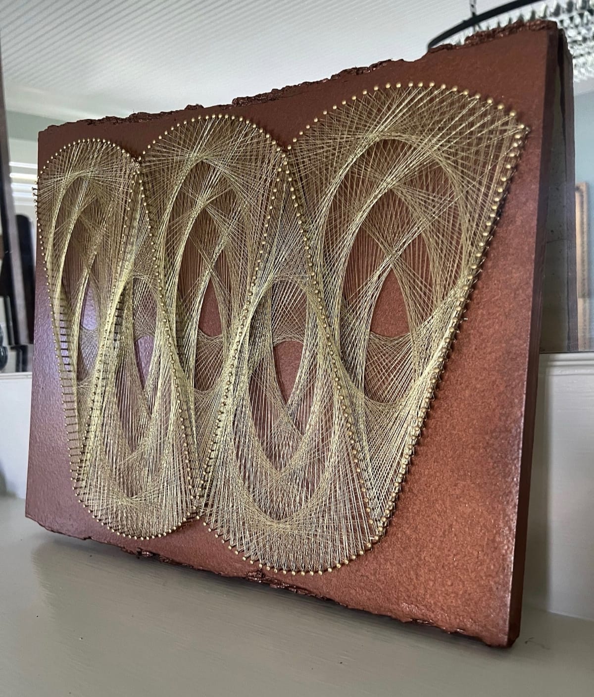 Golden Arches String Art on Terracotta Wood – Handmade Earthy Geometric Wall Decor, detail view 4 — handmade string art by Asja