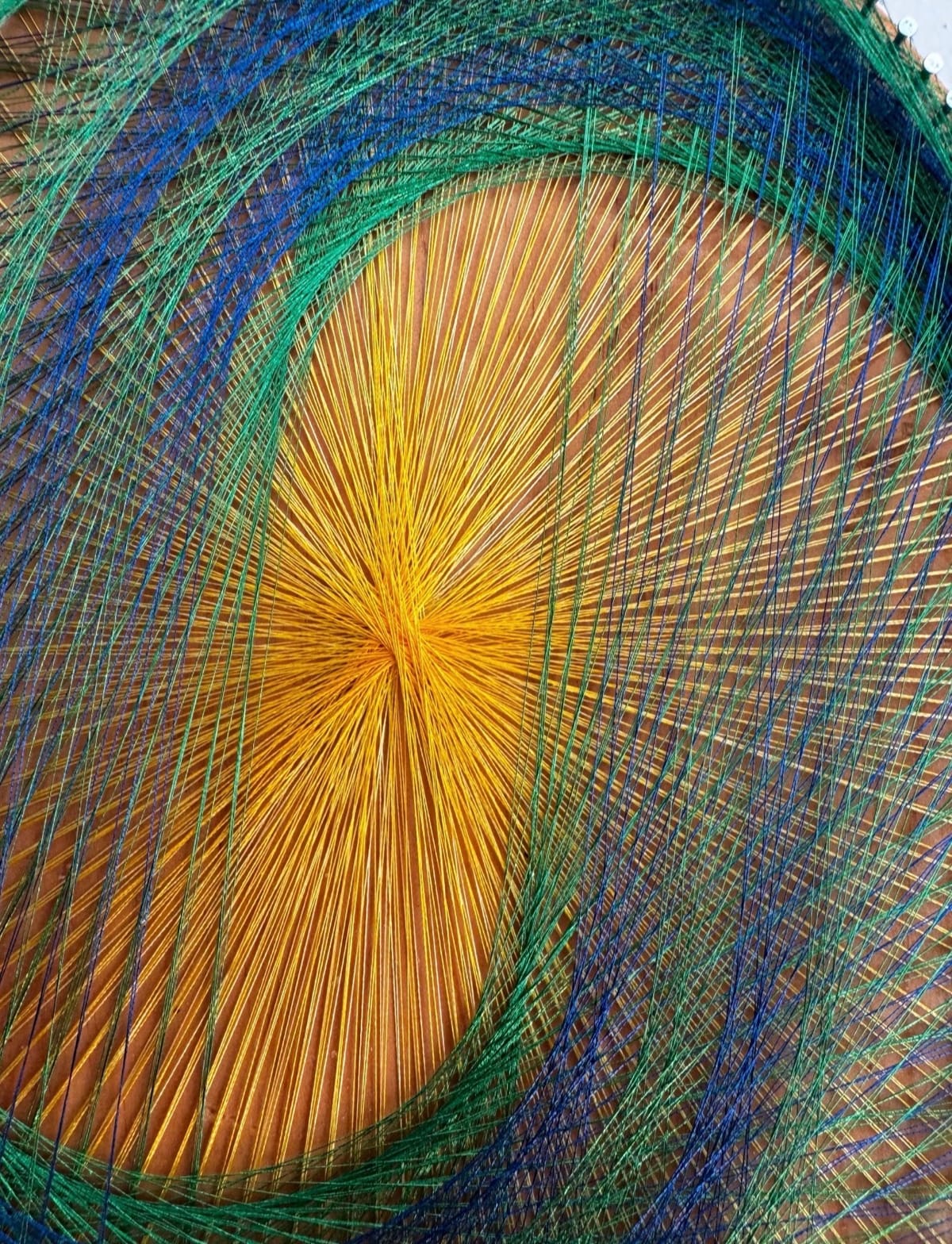 Golden Sunburst Spiral String Art – Blue Green Geometric Wall Art on Natural Wood, detail view 5 — handmade string art by Asja