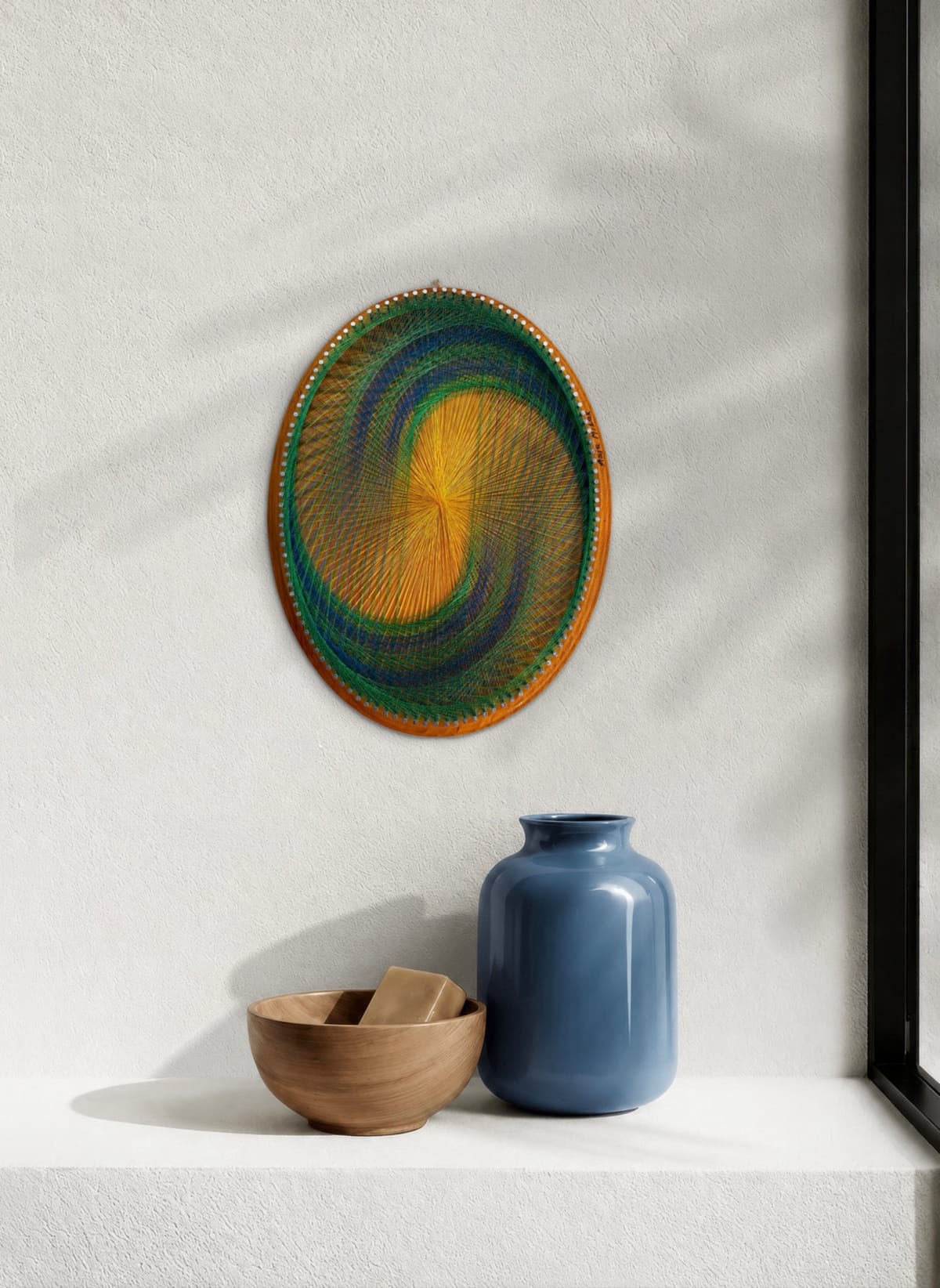 Golden Sunburst Spiral String Art – Blue Green Geometric Wall Art on Natural Wood, detail view 7 — handmade string art by Asja