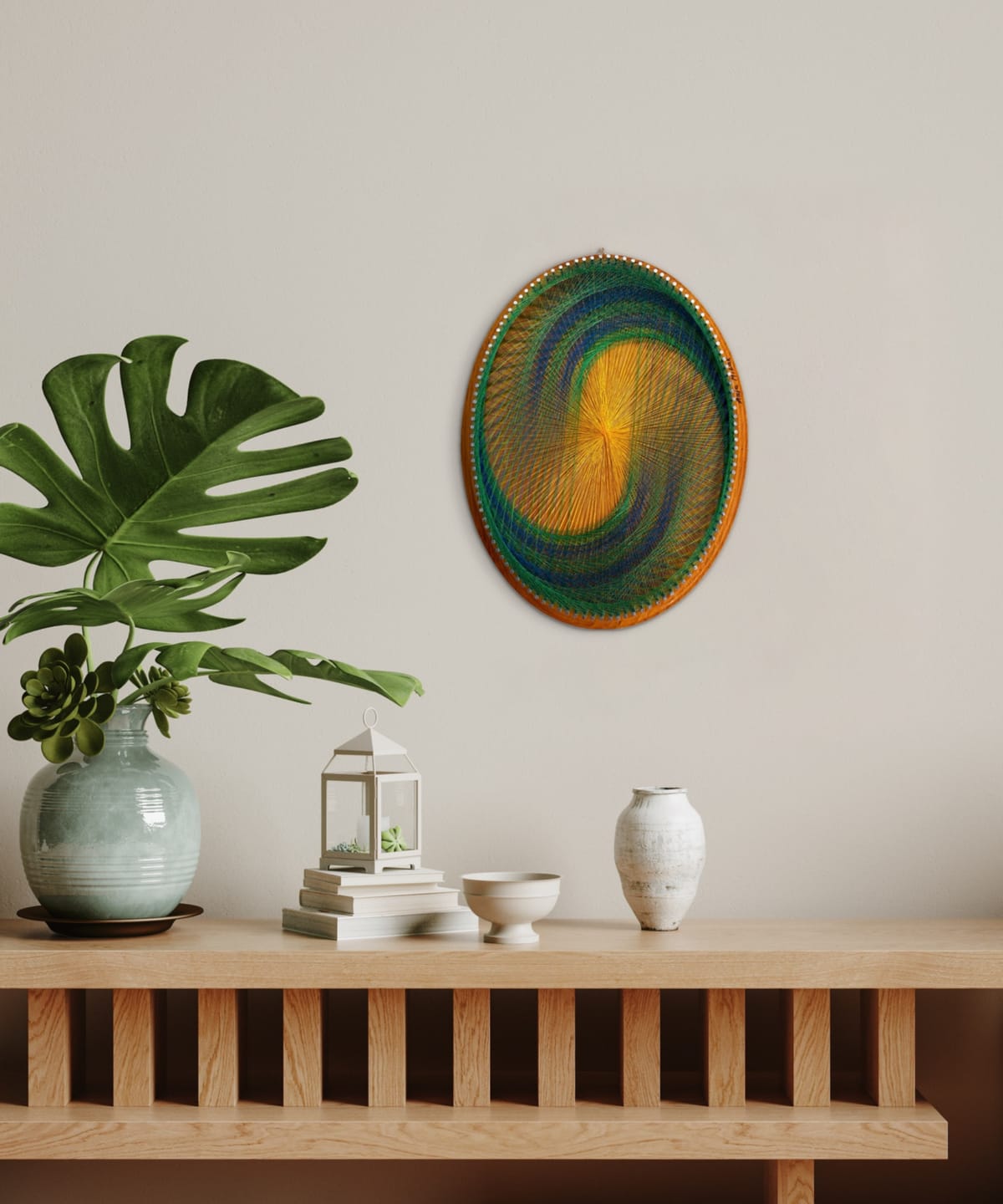 Golden Sunburst Spiral String Art – Blue Green Geometric Wall Art on Natural Wood — handmade string art by Asja