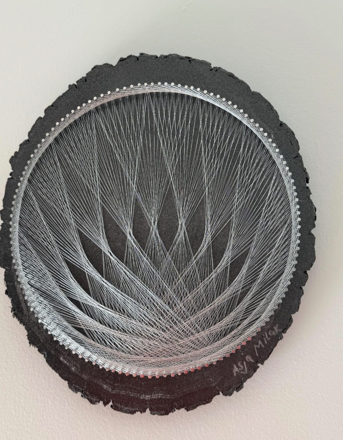 Silver Flame String Art - Black & Silver Live-Edge Wall Art, detail view 2 — handmade string art by Asja