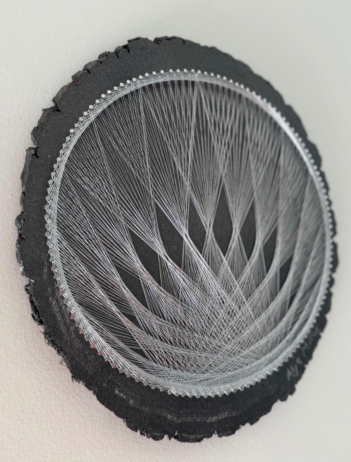 Silver Flame String Art - Black & Silver Live-Edge Wall Art, detail view 3 — handmade string art by Asja