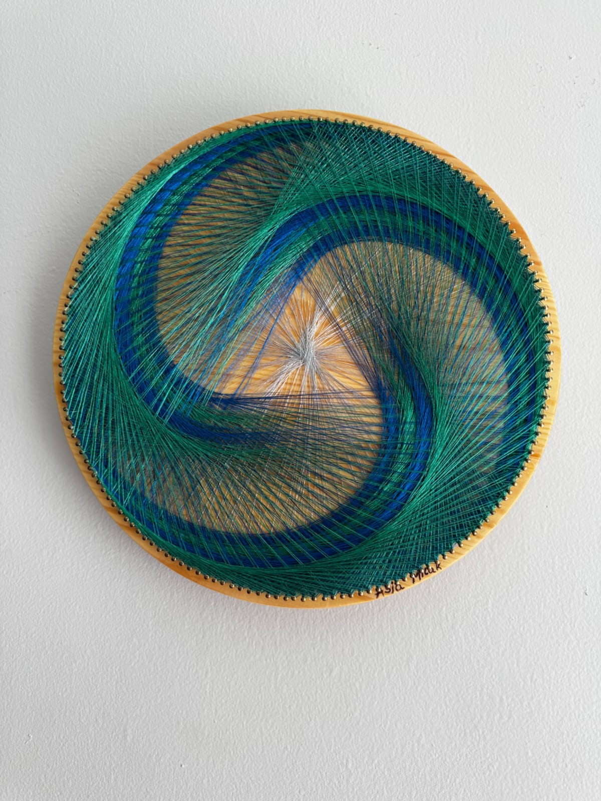 12” Blue Green Spiral String Art Mandala – Sacred Geometry Wall Art, Handmade Boho Decor, detail view 3 — handmade string art by Asja
