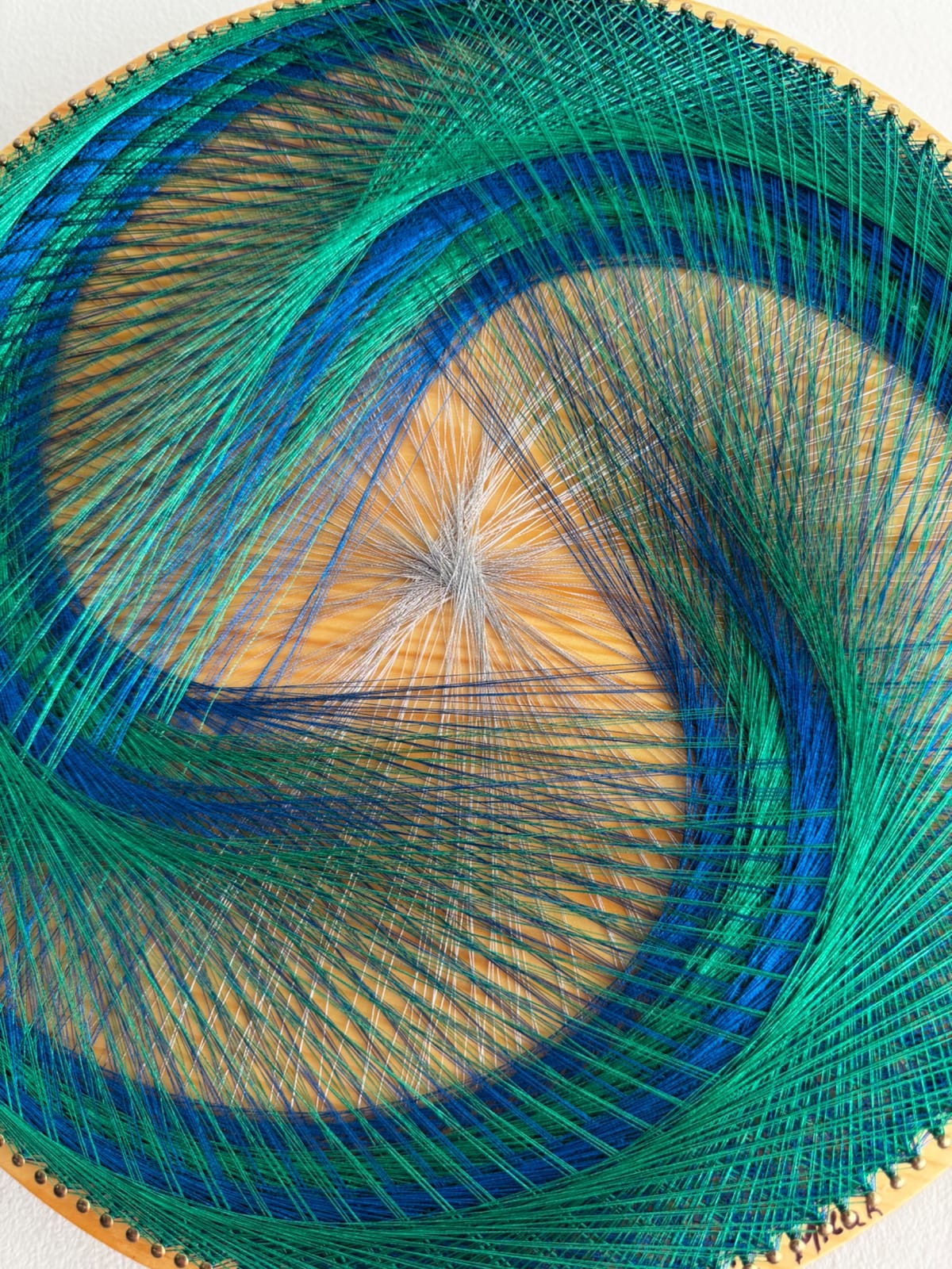 12” Blue Green Spiral String Art Mandala – Sacred Geometry Wall Art, Handmade Boho Decor, detail view 4 — handmade string art by Asja
