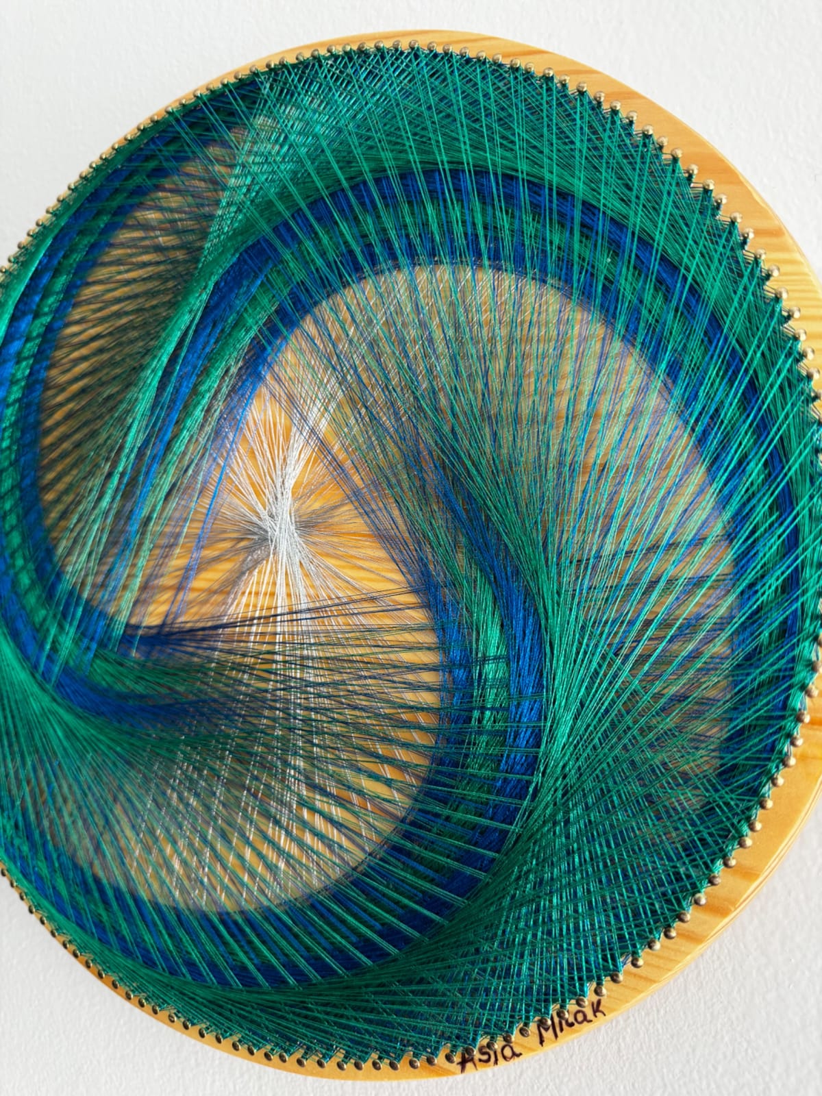 12” Blue Green Spiral String Art Mandala – Sacred Geometry Wall Art, Handmade Boho Decor, detail view 5 — handmade string art by Asja