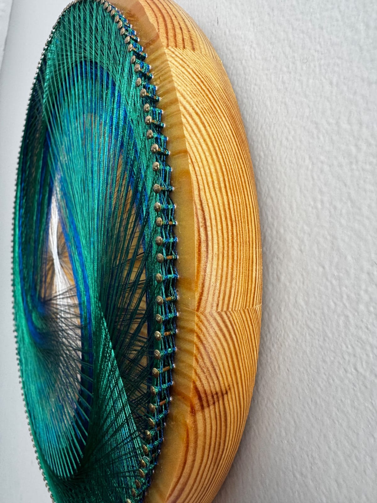12” Blue Green Spiral String Art Mandala – Sacred Geometry Wall Art, Handmade Boho Decor, detail view 6 — handmade string art by Asja
