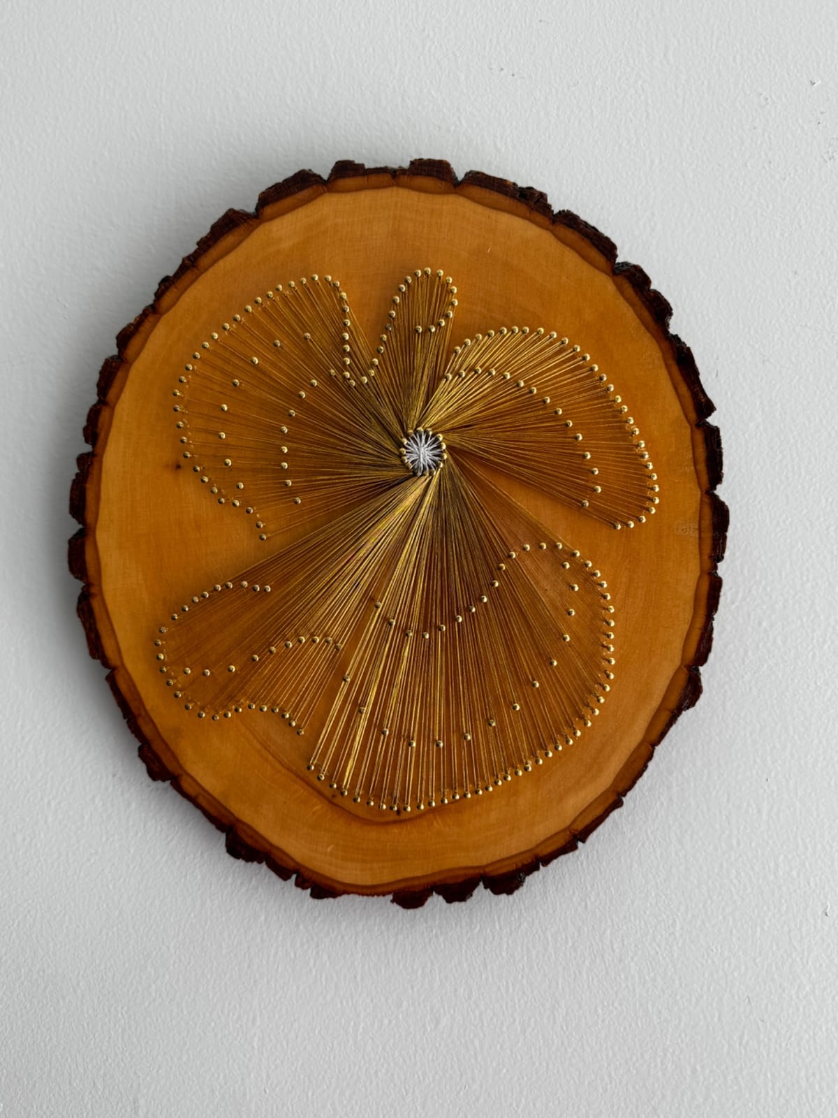 Gold Angel String Art - Handmade Live-Edge Wood Wall Art, detail view 3 — handmade string art by Asja