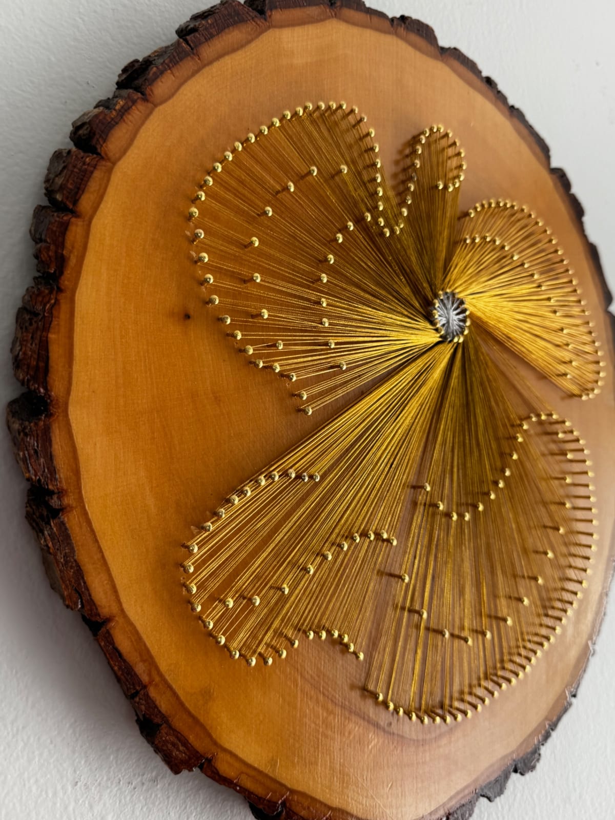 Gold Angel String Art - Handmade Live-Edge Wood Wall Art, detail view 4 — handmade string art by Asja