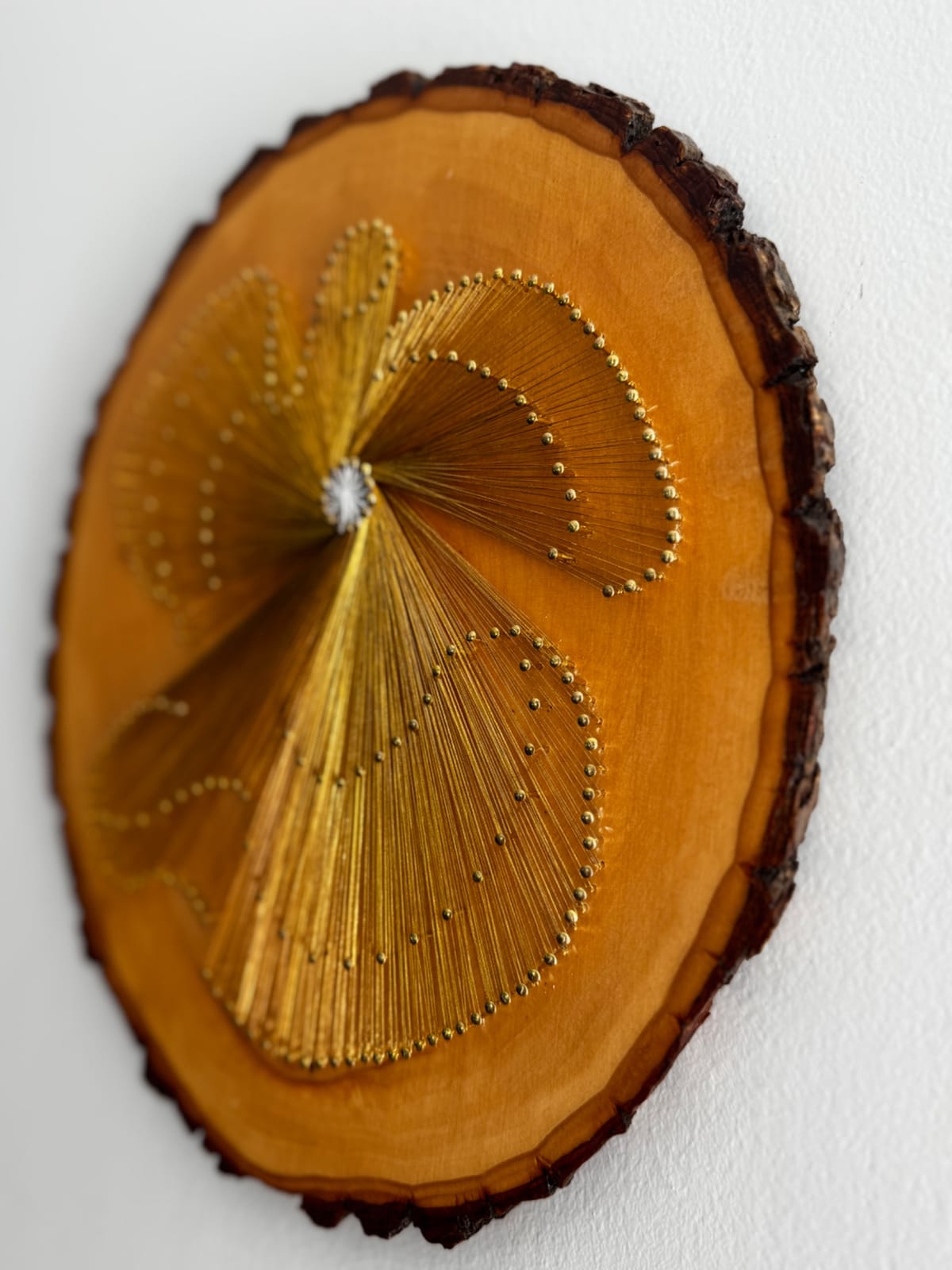 Gold Angel String Art - Handmade Live-Edge Wood Wall Art, detail view 5 — handmade string art by Asja