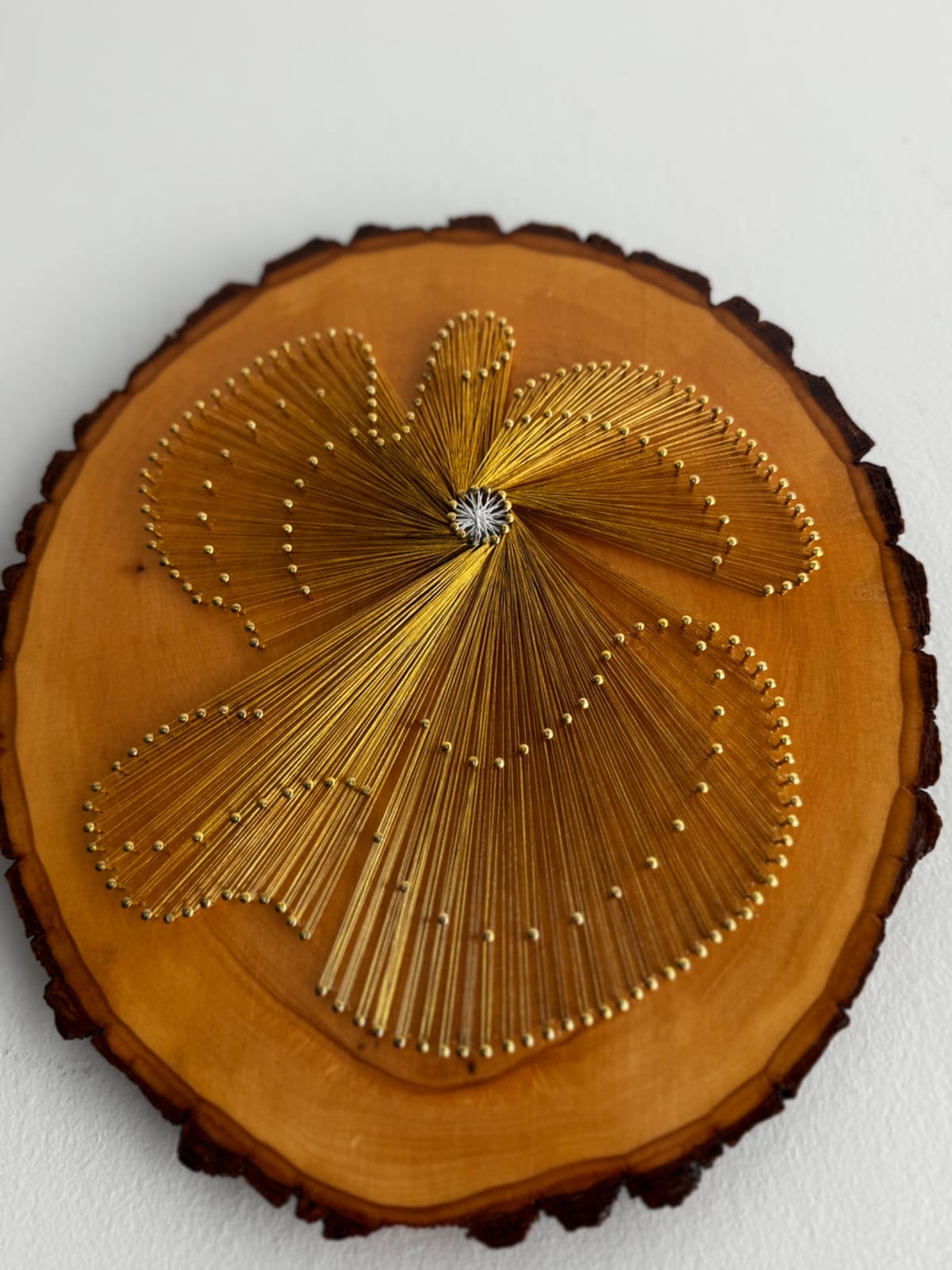 Gold Angel String Art - Handmade Live-Edge Wood Wall Art, detail view 7 — handmade string art by Asja