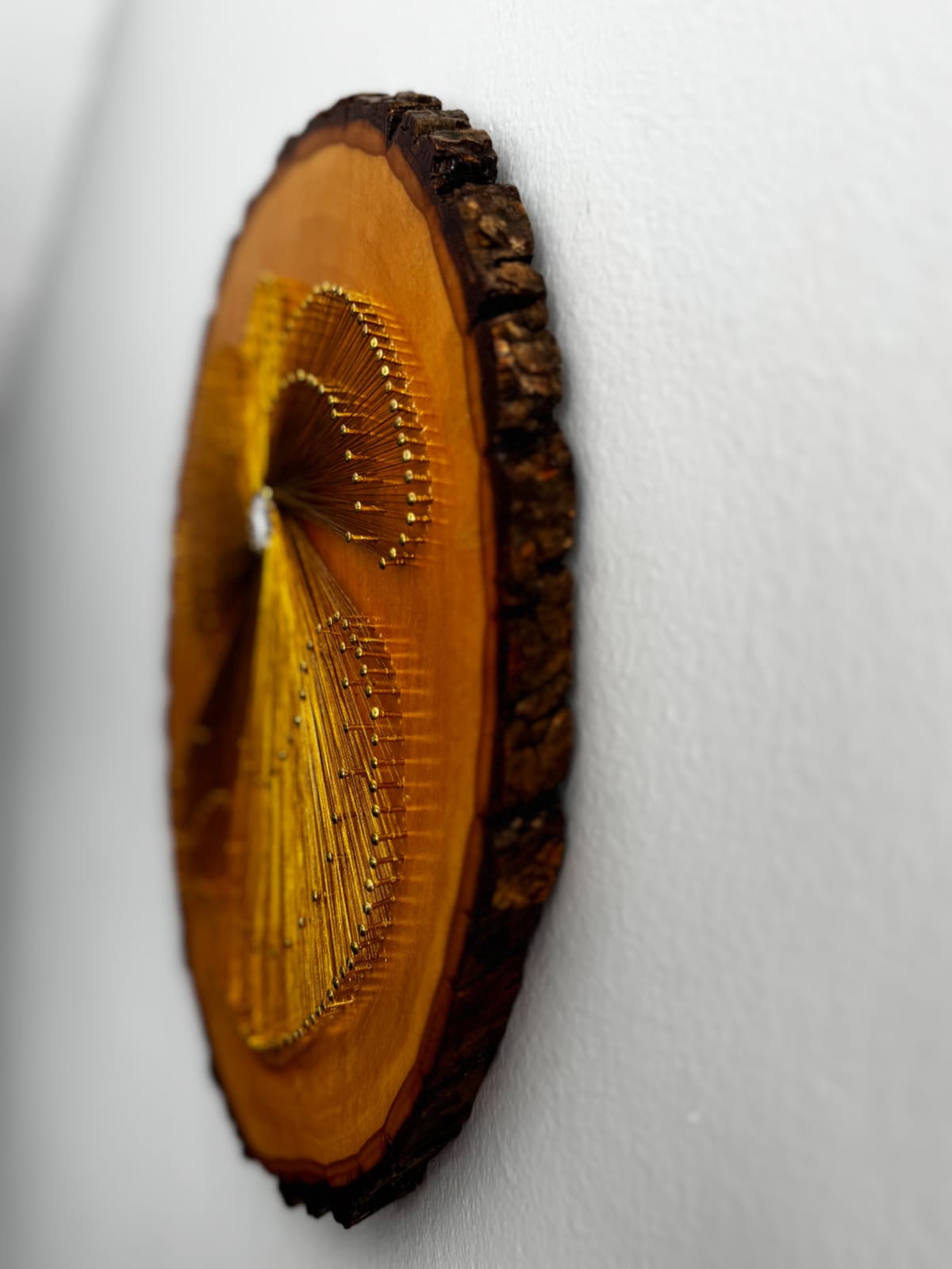 Gold Angel String Art - Handmade Live-Edge Wood Wall Art, detail view 8 — handmade string art by Asja