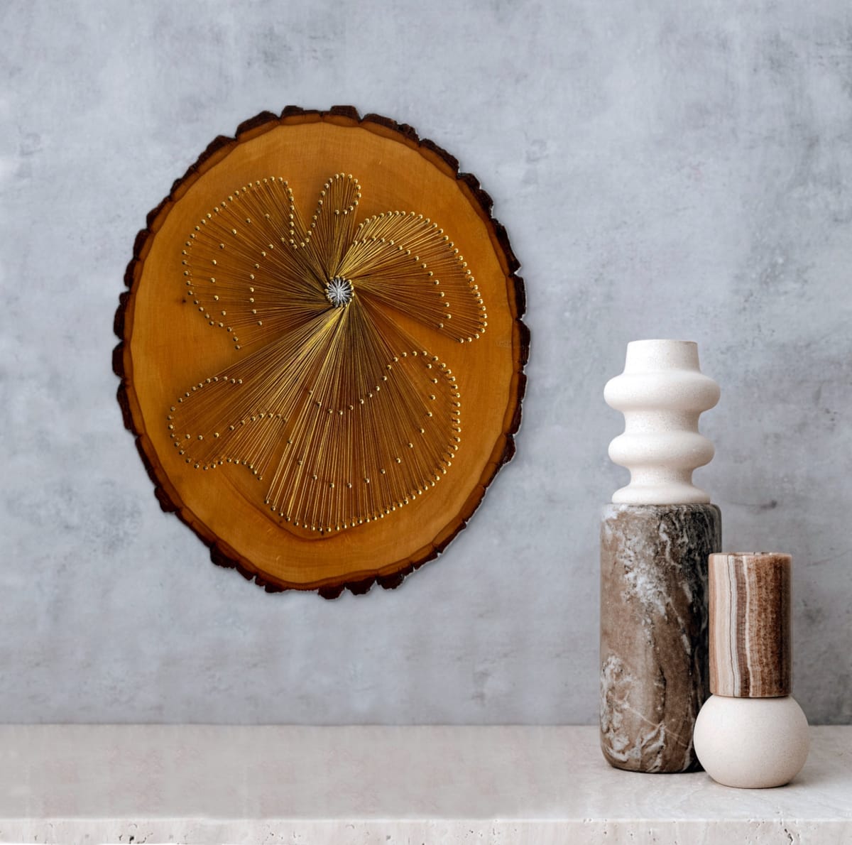 Gold Angel String Art - Handmade Live-Edge Wood Wall Art, detail view 2 — handmade string art by Asja