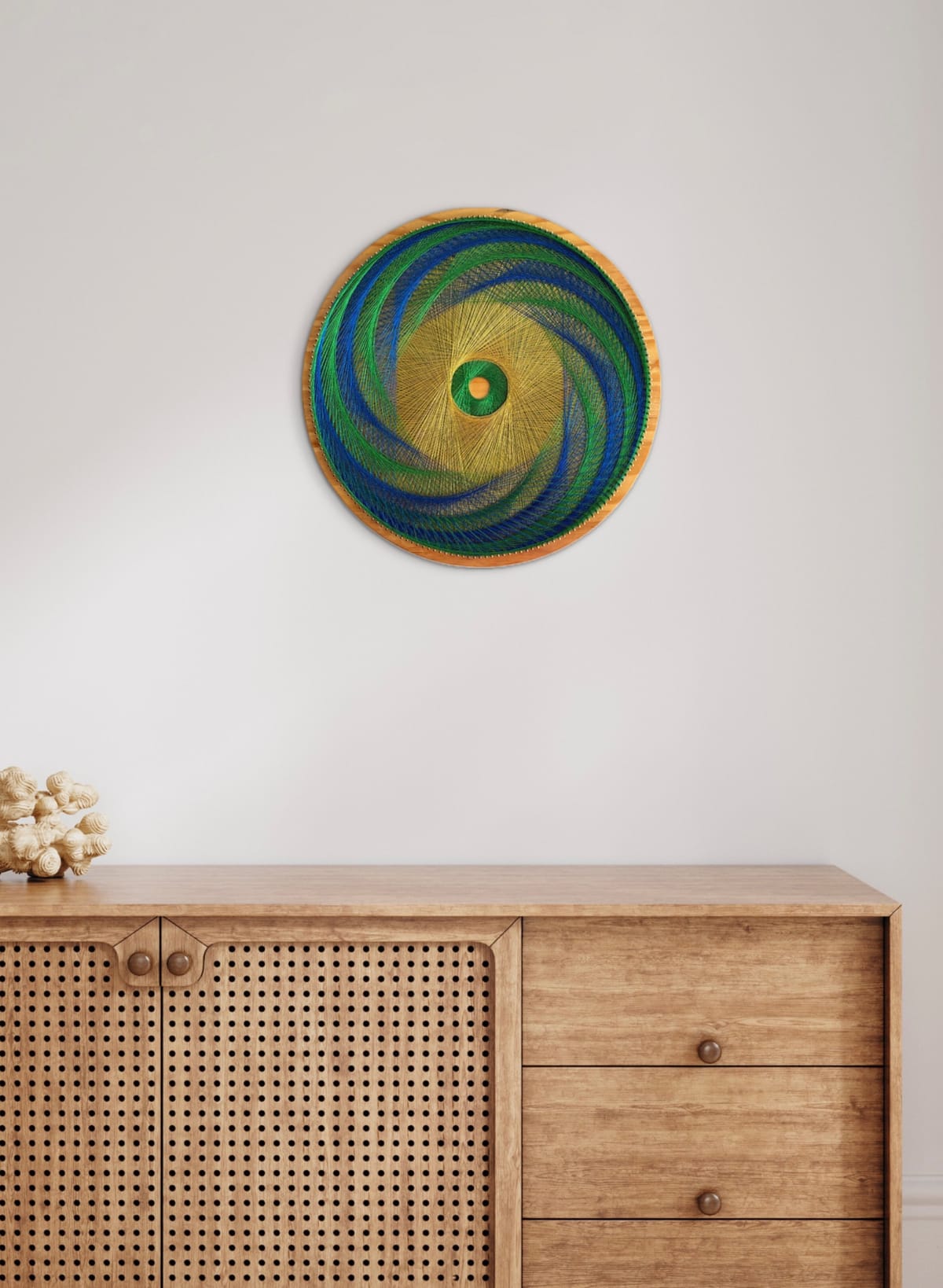 15” Blue Green & Gold String Art-Handmade Geometric Wall Art, detail view 2 — handmade string art by Asja