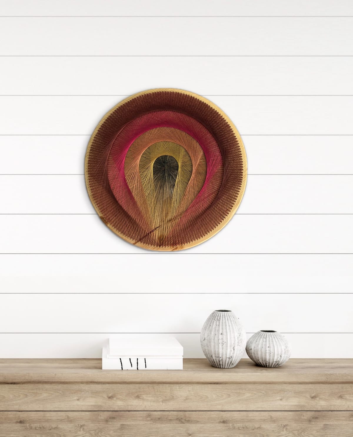 Red Gold Teardrop Spiral String Art on Natural Wood – Handmade Earthy Geometric Wall Art, detail view 7 — handmade string art by Asja