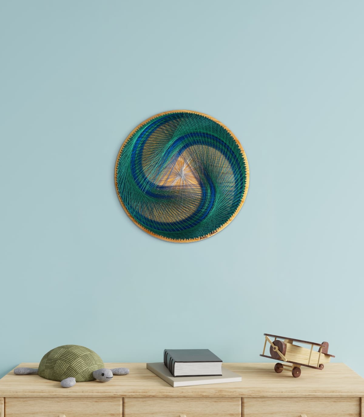 12” Blue Green Spiral String Art Mandala – Sacred Geometry Wall Art, Handmade Boho Decor, detail view 2 — handmade string art by Asja