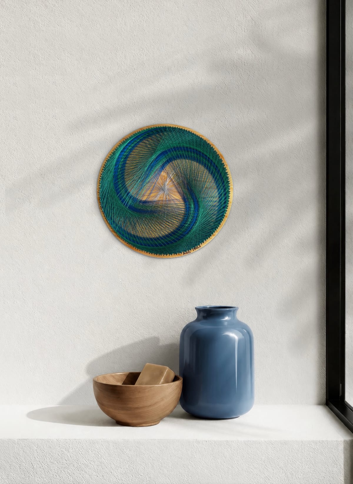 12” Blue Green Spiral String Art Mandala – Sacred Geometry Wall Art, Handmade Boho Decor — handmade string art by Asja