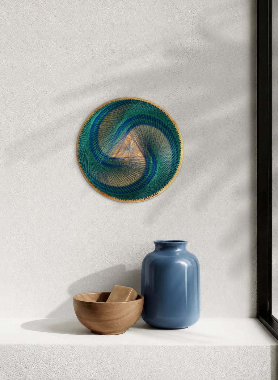 12” Blue Green Spiral String Art Mandala – Sacred Geometry Wall Art, Handmade Boho Decor — handmade string art by Asja