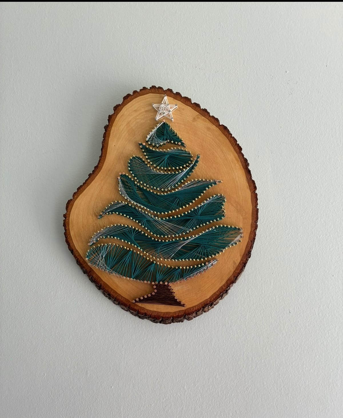 Christmas Tree String Art - Handmade Holiday Wall Art on Live-Edge Wood, detail view 3 — handmade string art by Asja