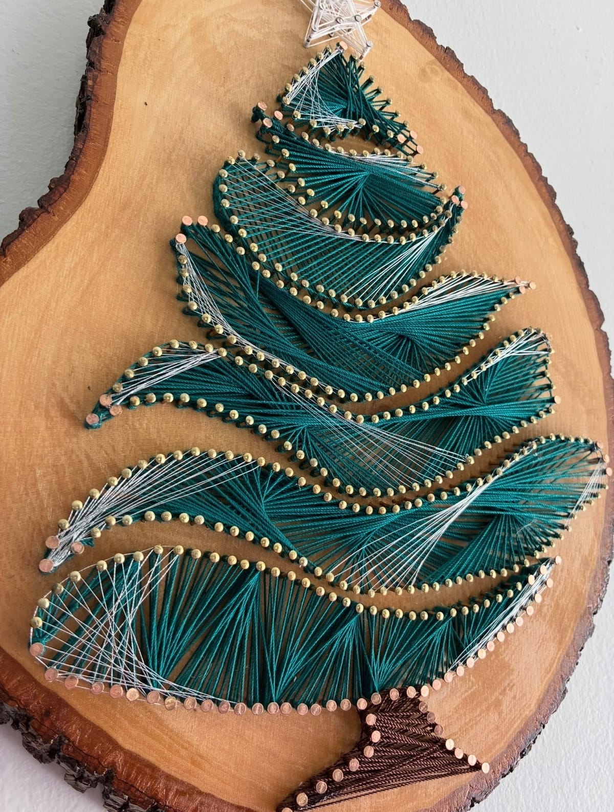Christmas Tree String Art - Handmade Holiday Wall Art on Live-Edge Wood, detail view 4 — handmade string art by Asja