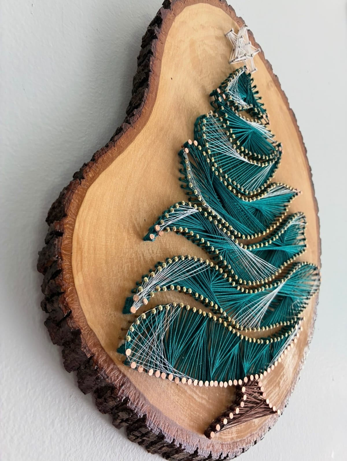 Christmas Tree String Art - Handmade Holiday Wall Art on Live-Edge Wood, detail view 5 — handmade string art by Asja