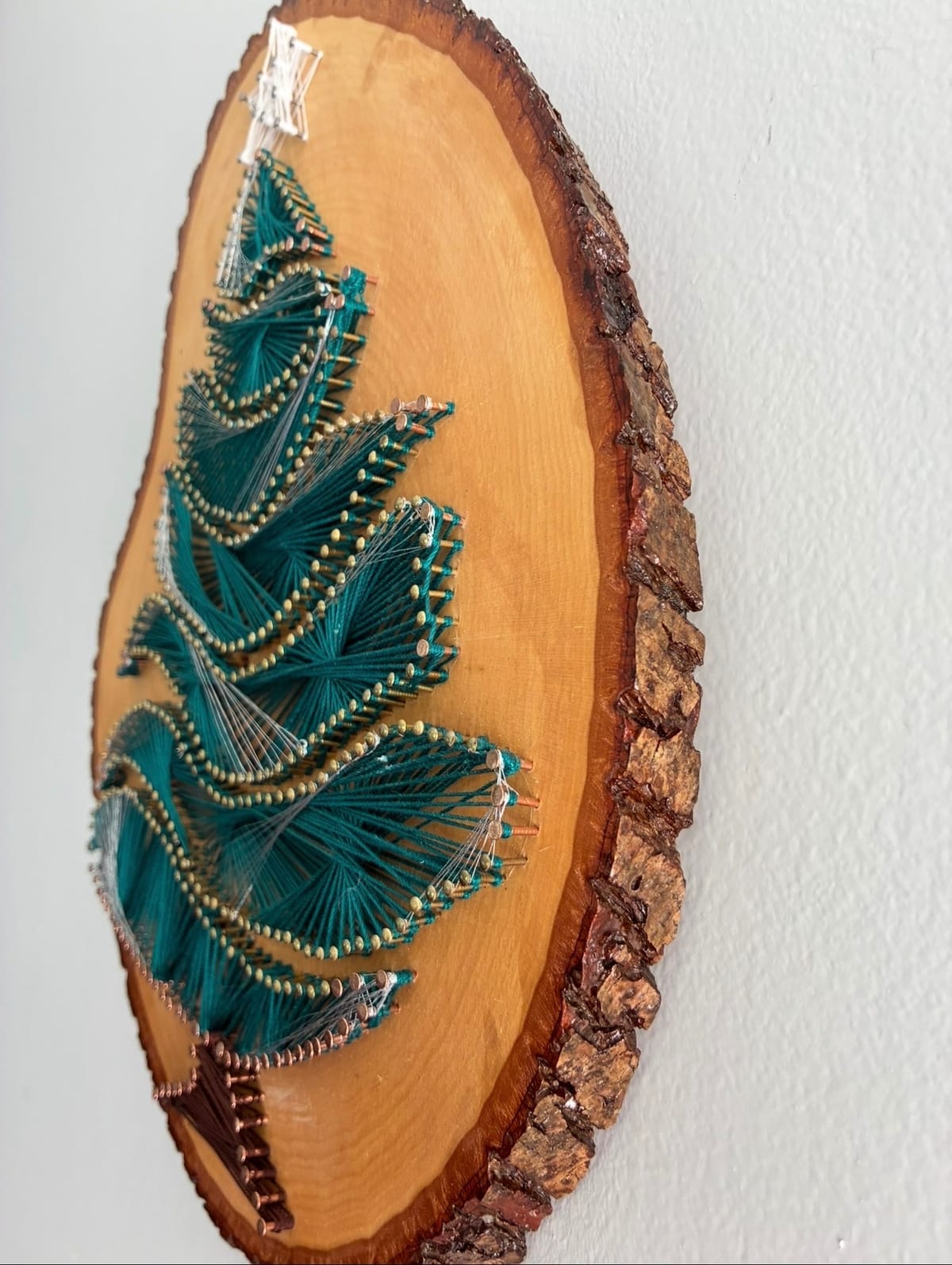 Christmas Tree String Art - Handmade Holiday Wall Art on Live-Edge Wood, detail view 6 — handmade string art by Asja