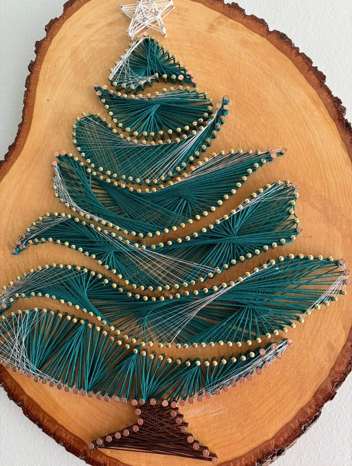 Christmas Tree String Art - Handmade Holiday Wall Art on Live-Edge Wood, detail view 7 — handmade string art by Asja