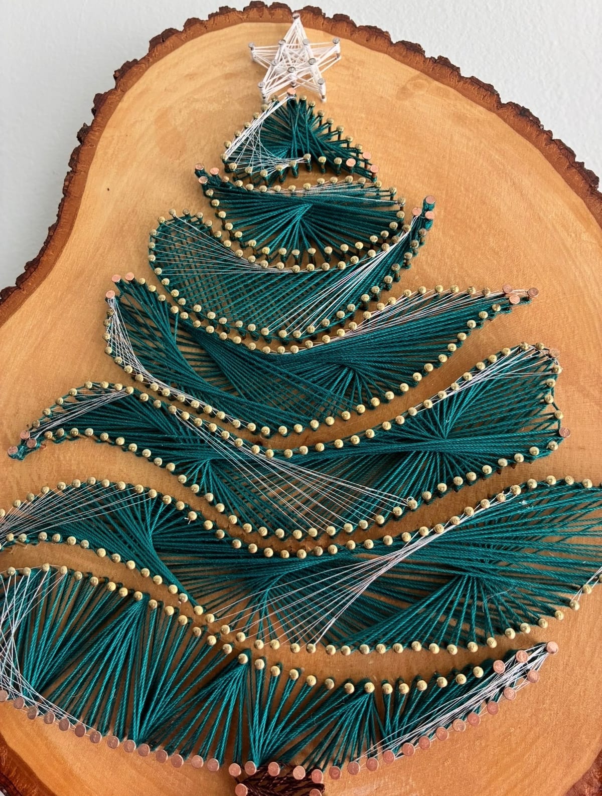 Christmas Tree String Art - Handmade Holiday Wall Art on Live-Edge Wood, detail view 8 — handmade string art by Asja