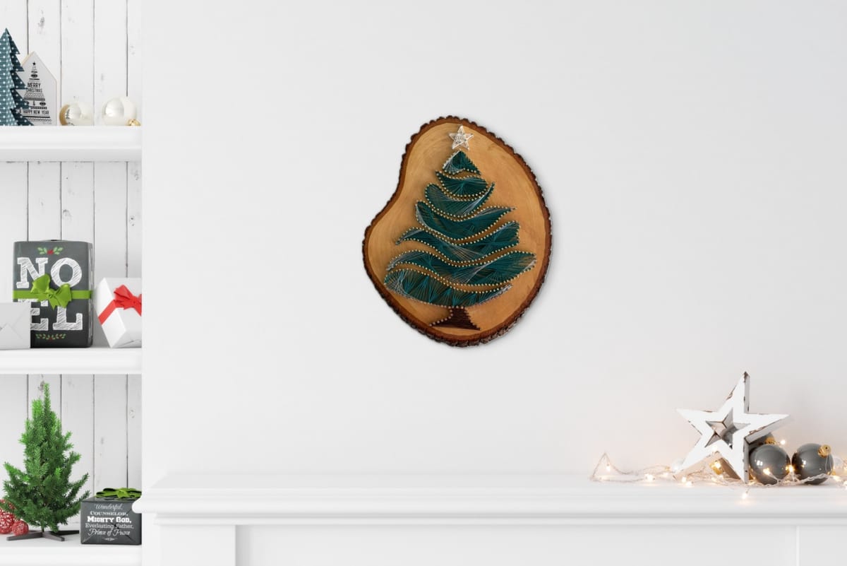 Christmas Tree String Art - Handmade Holiday Wall Art on Live-Edge Wood, detail view 2 — handmade string art by Asja