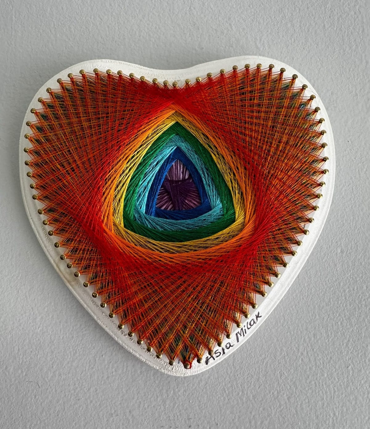 10” Rainbow Heart String Art - Handmade Rainbow Wall Art, detail view 2 — handmade string art by Asja