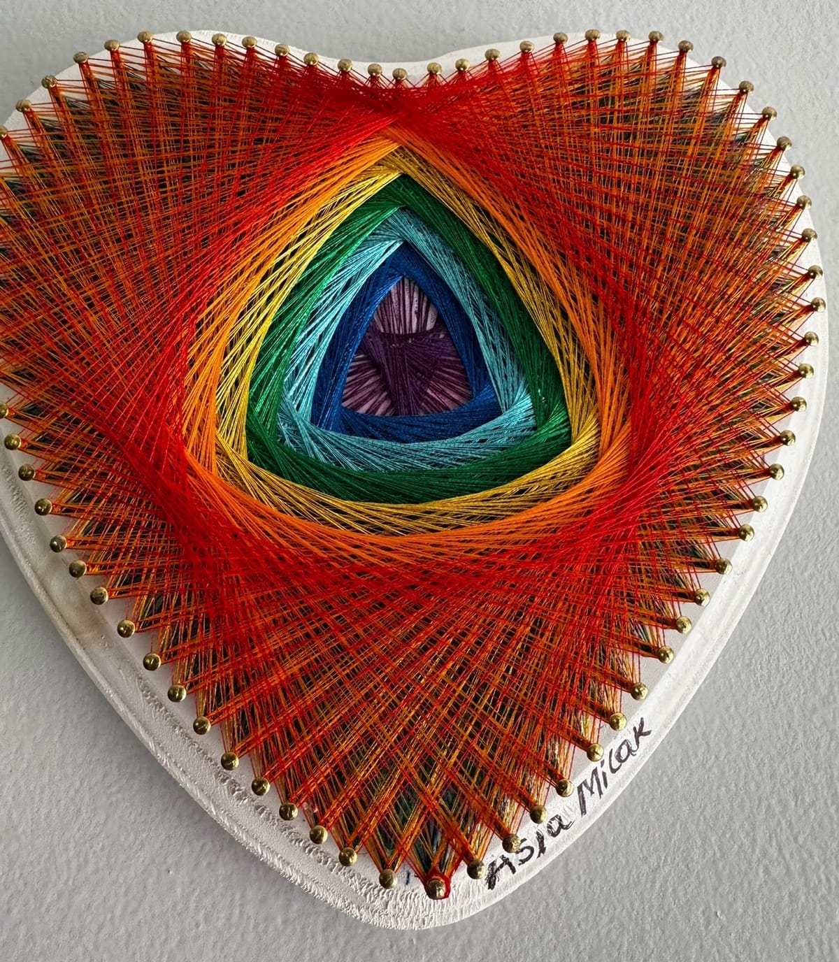 10” Rainbow Heart String Art - Handmade Rainbow Wall Art, detail view 5 — handmade string art by Asja