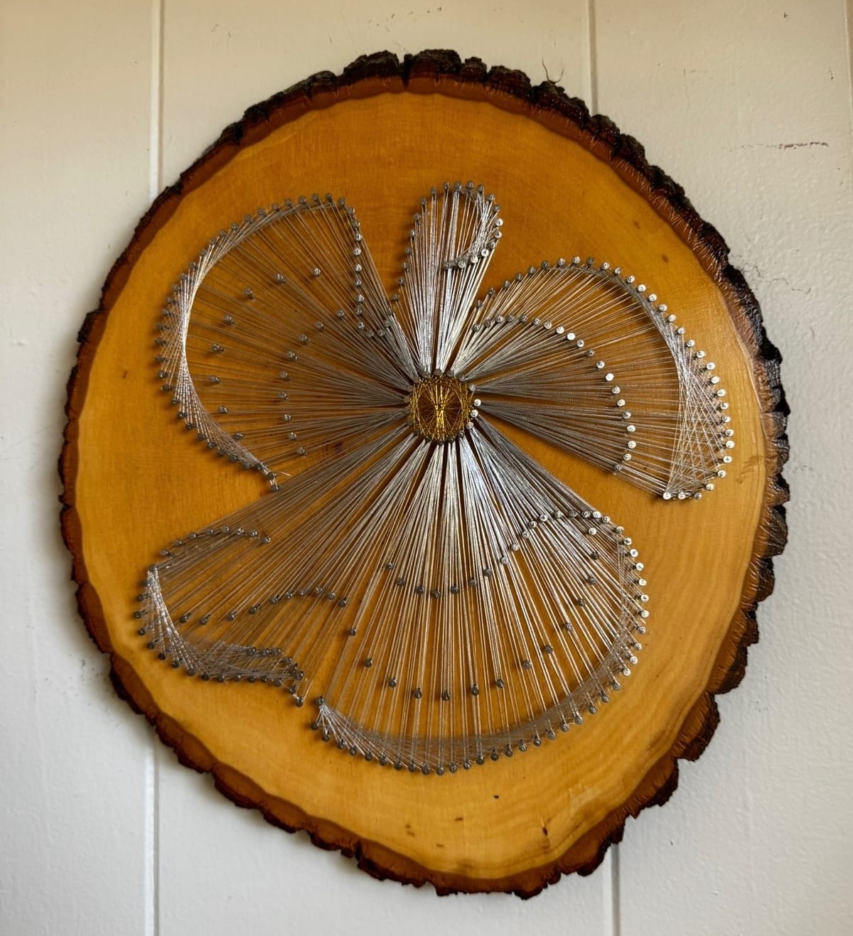 Silver Angel String Art - Handmade Live-Edge Wood Wall Art, detail view 2 — handmade string art by Asja