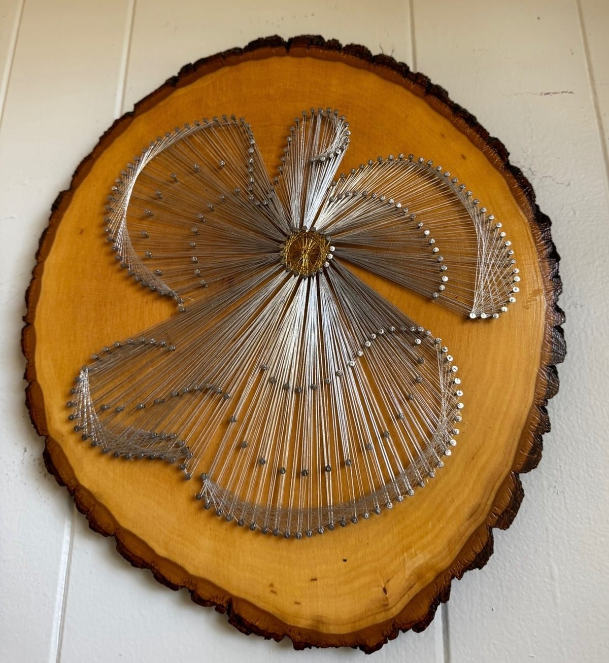 Silver Angel String Art - Handmade Live-Edge Wood Wall Art, detail view 3 — handmade string art by Asja