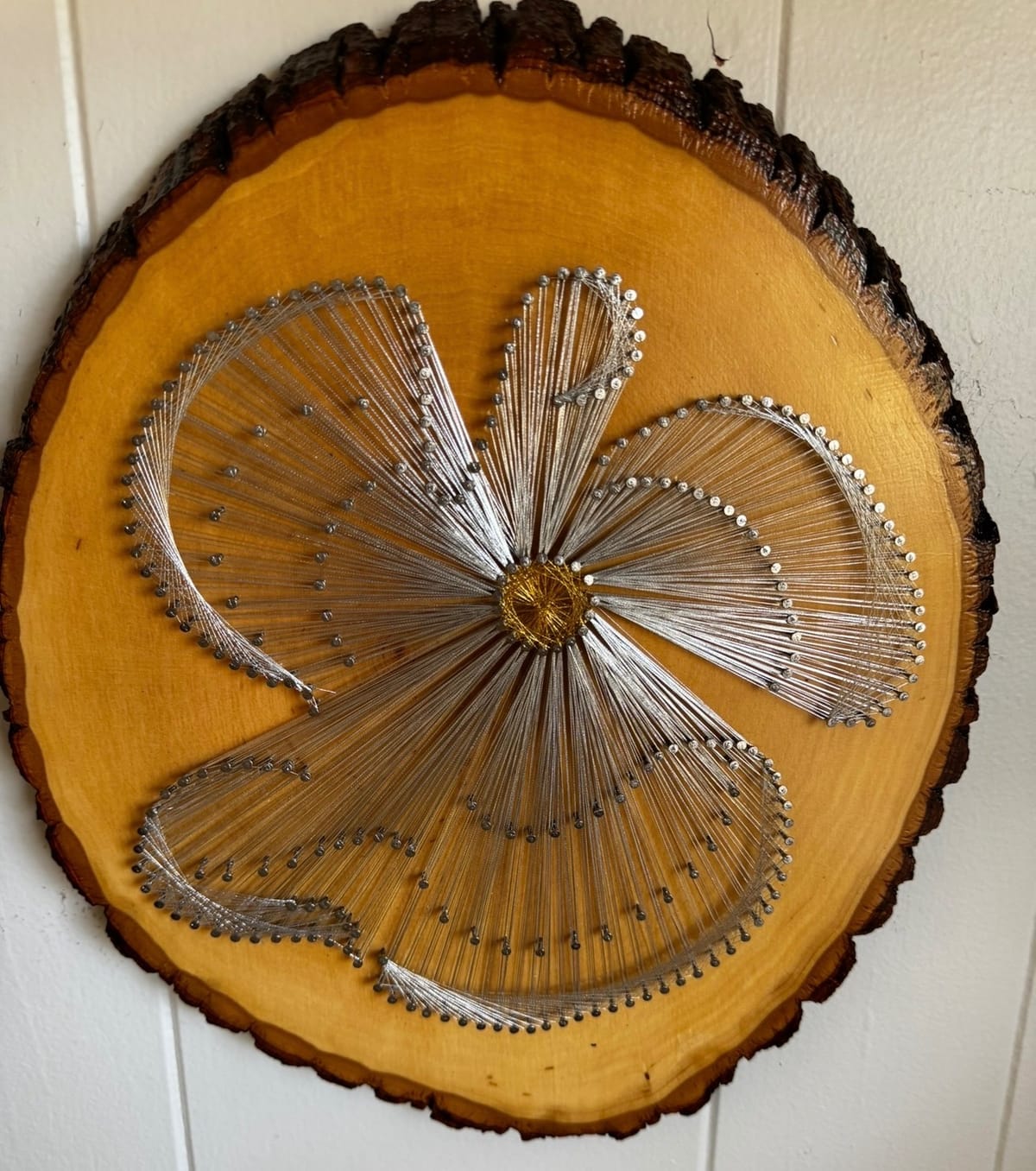 Silver Angel String Art - Handmade Live-Edge Wood Wall Art, detail view 4 — handmade string art by Asja
