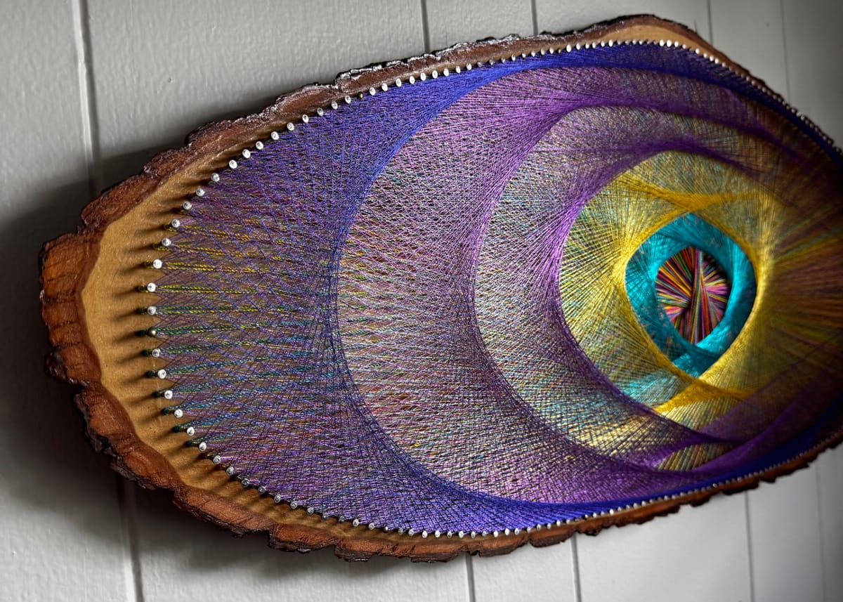 Cosmic Orbit String Art - Purple, Gold & Teal Live-Edge Design, detail view 3 — handmade string art by Asja