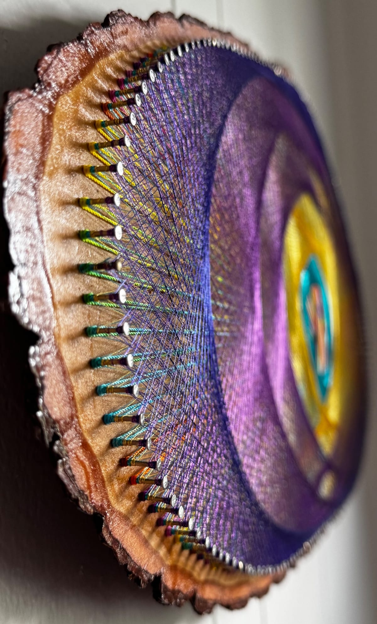Cosmic Orbit String Art - Purple, Gold & Teal Live-Edge Design, detail view 5 — handmade string art by Asja