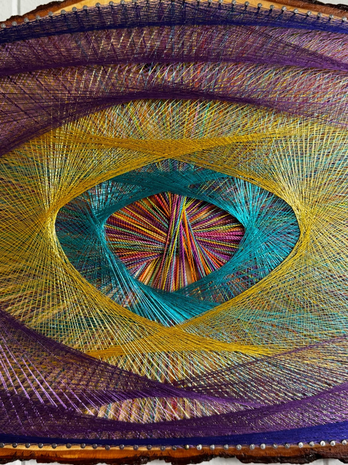 Cosmic Orbit String Art - Purple, Gold & Teal Live-Edge Design, detail view 4 — handmade string art by Asja
