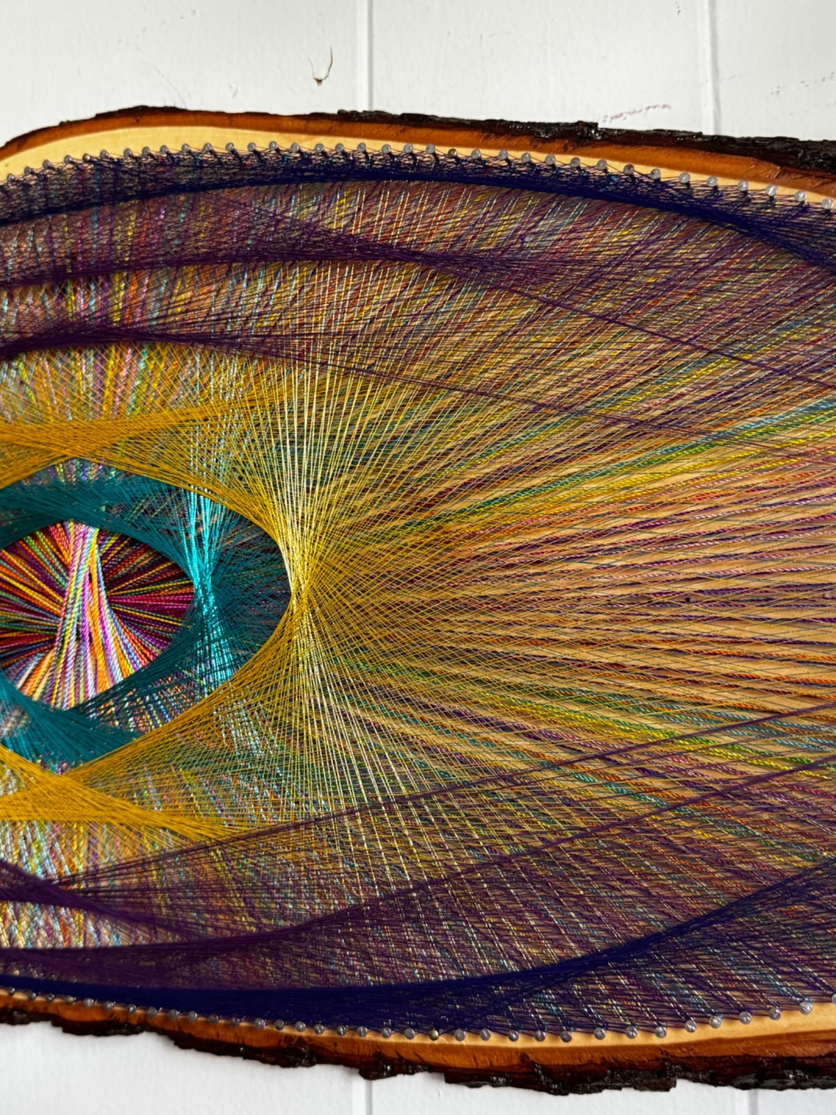 Cosmic Orbit String Art - Purple, Gold & Teal Live-Edge Design, detail view 6 — handmade string art by Asja