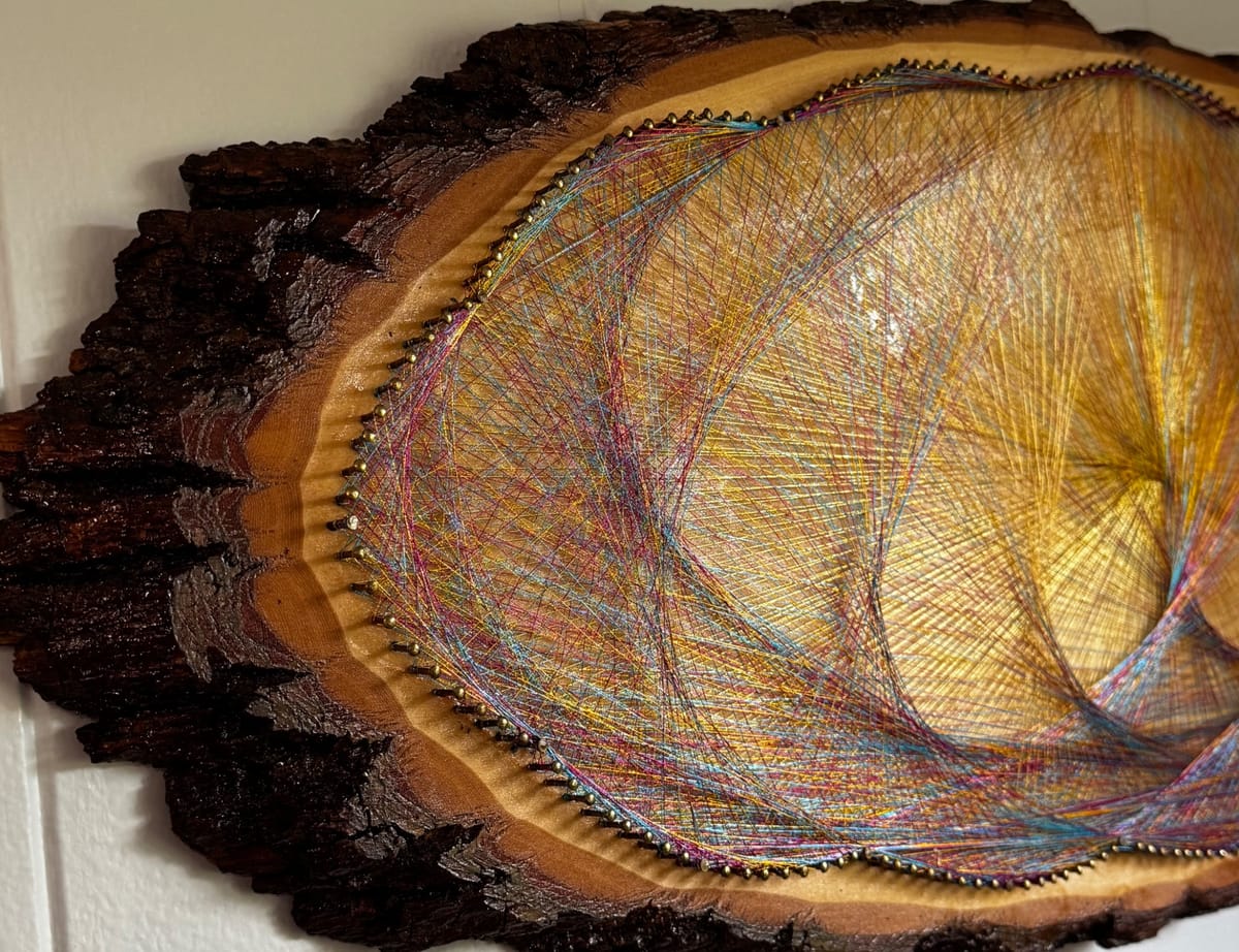 Multicolor Geometric String Art - Handmade Live-Edge Wall Art, detail view 4 — handmade string art by Asja