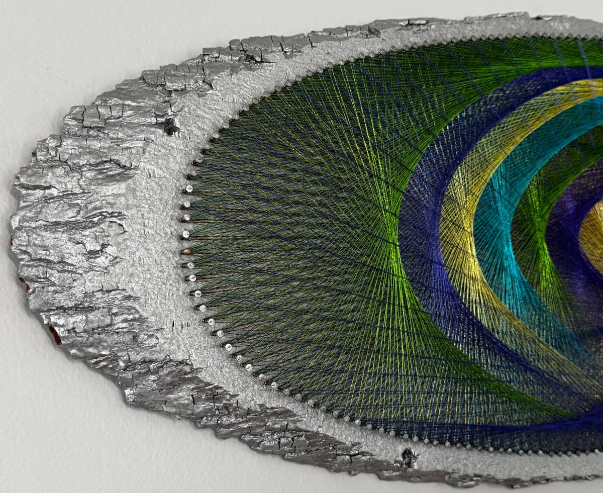 Jewel Tone Eye String Art on Live Edge Wood, Handmade Geometric Wall Art, Boho Statement Decor, One of a Kind Art, detail view 6 — handmade string art by Asja