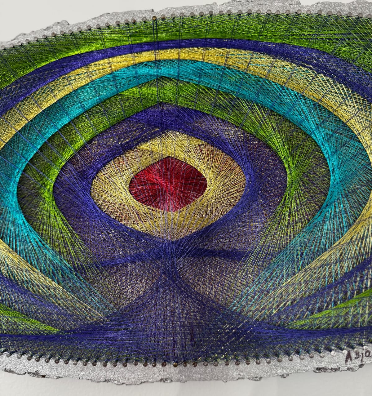 Jewel Tone Eye String Art on Live Edge Wood, Handmade Geometric Wall Art, Boho Statement Decor, One of a Kind Art, detail view 7 — handmade string art by Asja
