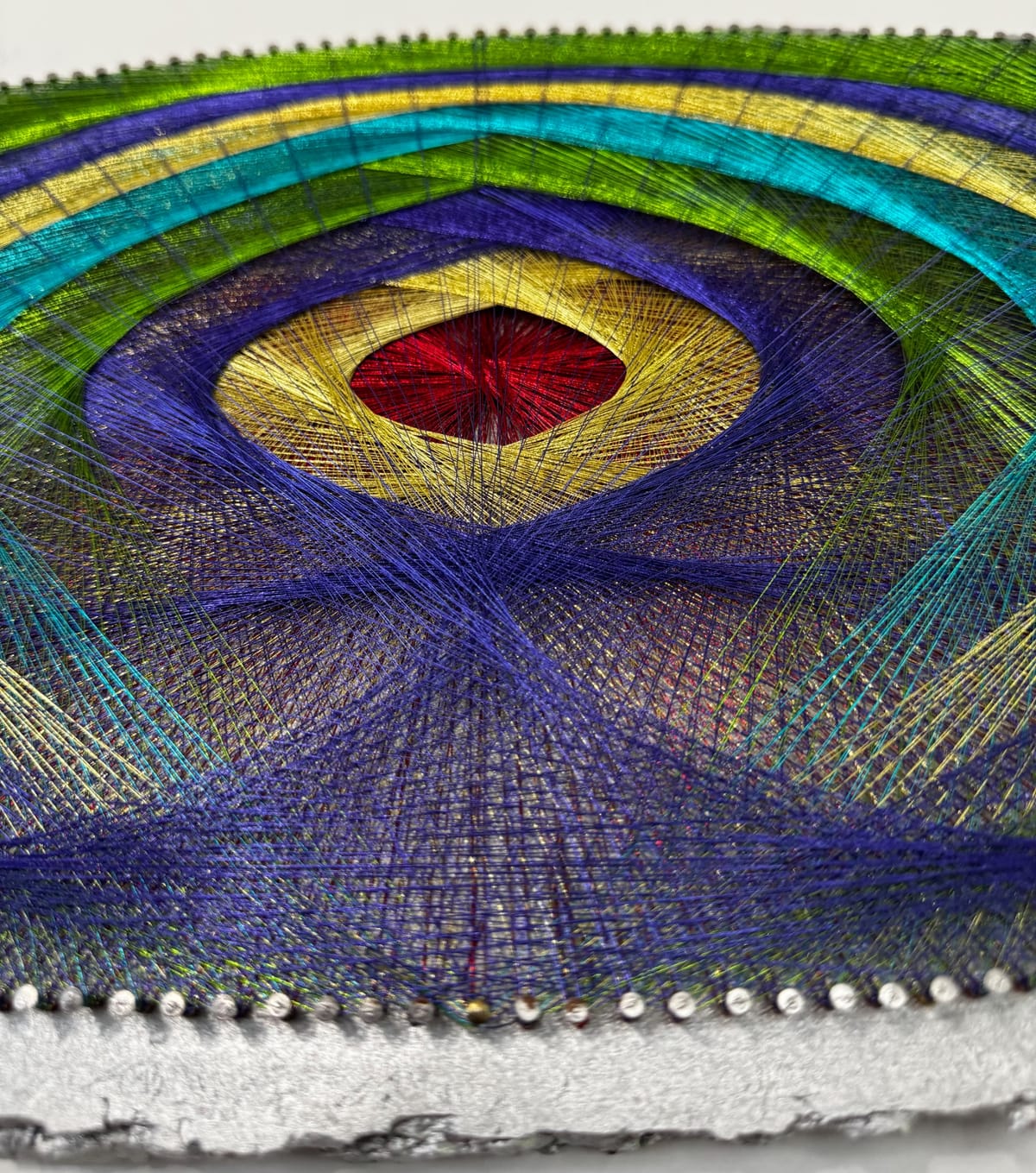 Jewel Tone Eye String Art on Live Edge Wood, Handmade Geometric Wall Art, Boho Statement Decor, One of a Kind Art, detail view 8 — handmade string art by Asja