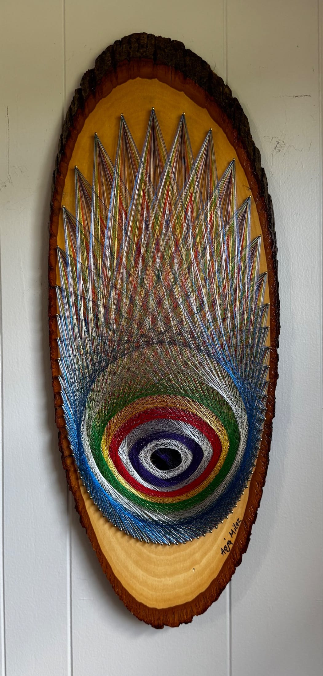 Evil Eye String Art - Handmade Live-Edge Wall Art, detail view 2 — handmade string art by Asja