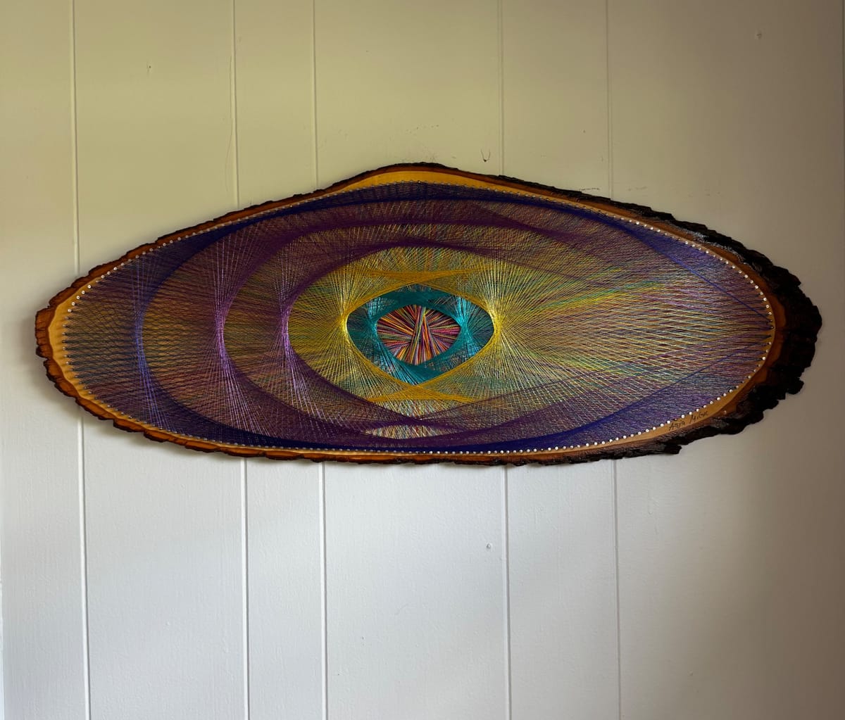 Cosmic Orbit String Art - Purple, Gold & Teal Live-Edge Design, detail view 2 — handmade string art by Asja