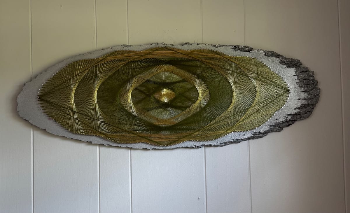 Green & Gold Geometric String Art - Handmade Live-Edge Wall Art, detail view 2 — handmade string art by Asja